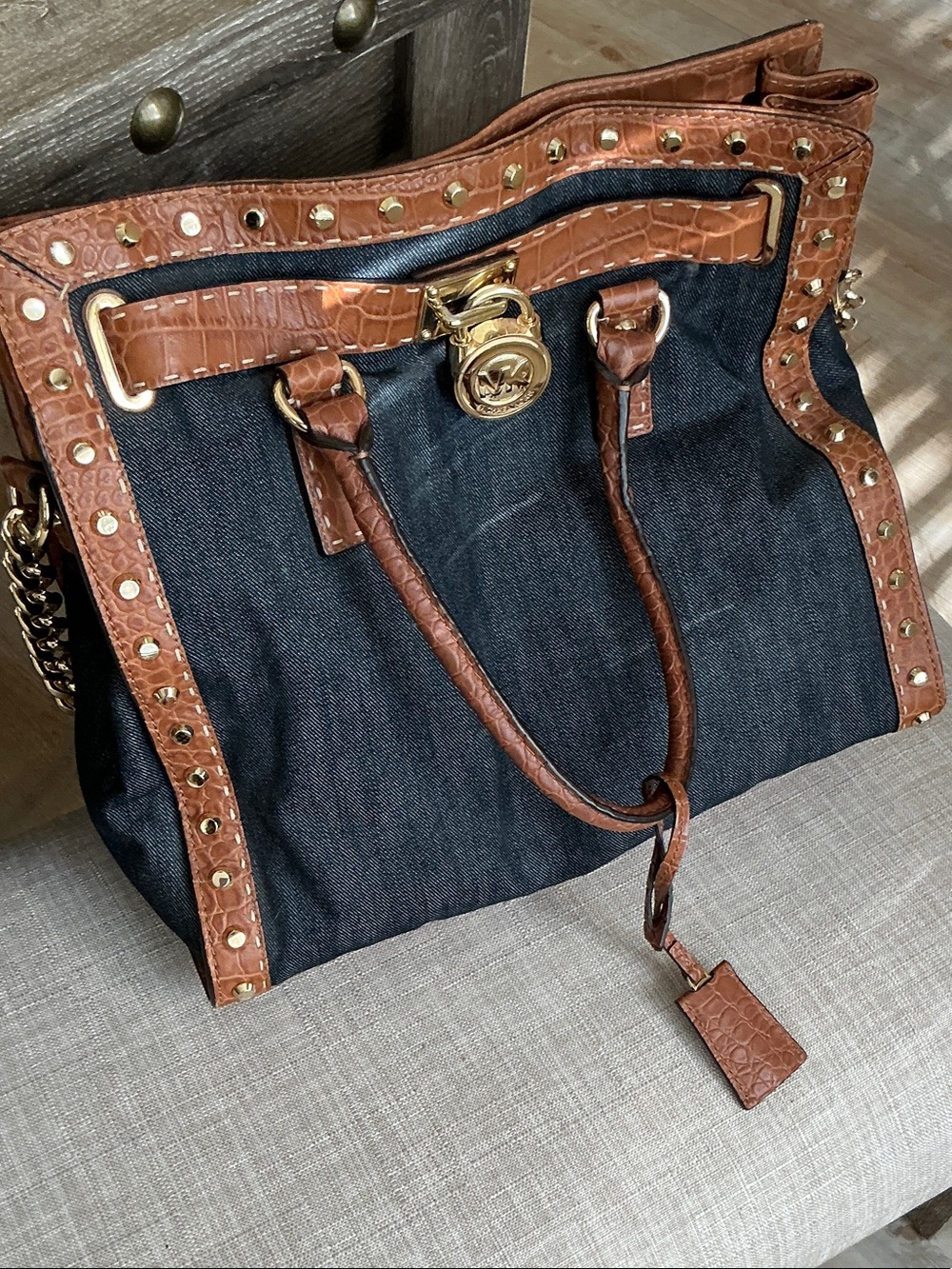 Michael Kors Dark Denim Tote with Brown Croc-Embossed Trim